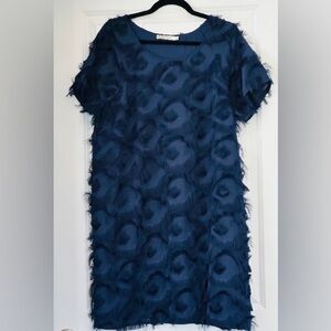 LAFFAIRE Dress Navy Fun Elegant Wispy Eyelash Peacock Lined SS Sz L
